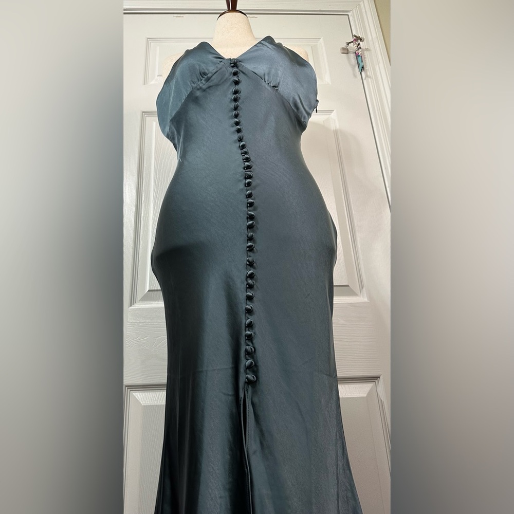 Dress Forum Gray Blue Satin Maxi Dress Silk spaghetti straps zip up faux button - Picture 4 of 16